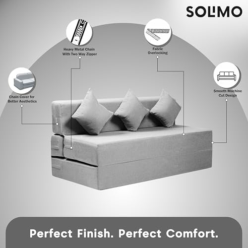 Image of Amazon Brand - Solimo 3 Seater 5 * 6 Jute Fabric Washable Cover Sofa Cum Bed with 3 Cushions 3 Seater Double Foam Fold Out Sofa Cum Bed (Finish Color - Light Grey Delivery Condition - Pre-Assembled)