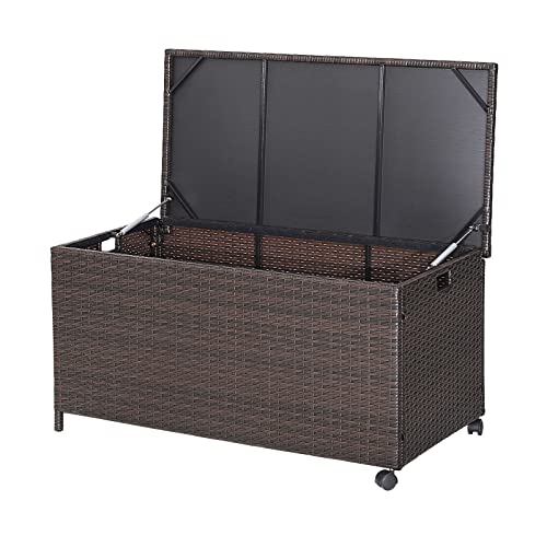RELAX4LIFE Caja de almacenamiento de ratán para patio, caja de almacenamiento de mimbre para todo tipo de clima con tapa superior, forro protector y ruedas, caja de cubierta al aire libre impermeable