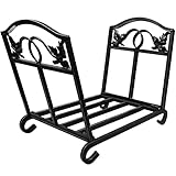 AMAGABELI GARDEN & HOME Fireplace Log Holders Firewood Rack Holder Indoor Heavy Duty Foldable Wrought Iron with Leaves Design and Raised Arched Feet Wood Rack for fire wood Black