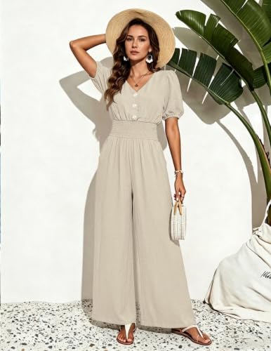 LOOKBOHO Womens Jumpsuits Short Sleeve V Neck Dressy Casual Wide Leg Pants Romper 2026 Summer One Piece Outfits — view 2