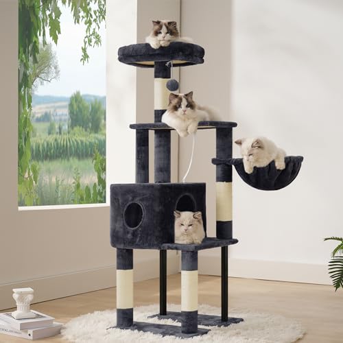 Image of Heybly Cat Tree with Toy, 49.2 inch Cat Tower for Indoor Cats HCT200SG | Spacious Cat House Condo with Hidden Space，Soft Plush Top Perch，Cozy Hammock and Sisal Scratching Posts, Smoky Gray