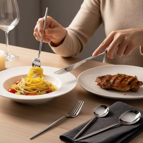 Image of 10 Pcs Silver Cutlery Set for Dining Table the Perfect Lightweight Silim Handle Tableware Including Dinner Spoon, Dinner Fork, Dinner Knife, Dessert Spoon & Dessert Fork