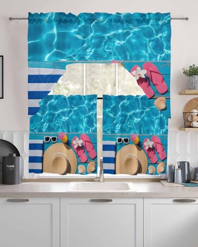 Swimming Pool Swag Curtains Valance and Tier Set, Rod Pocket