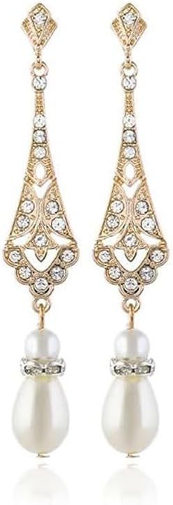 18K Gold Plated Vintage Rhinestone Dangle Earrings with Simulated Pearl Drop and Cubic Zirconia – Elegant Long Statement Jewelry