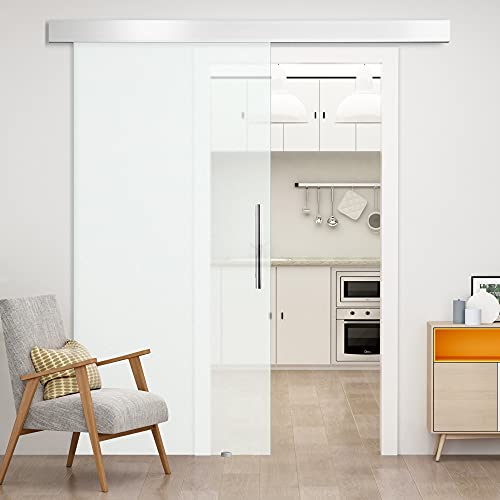 HOMCOM Puerta Corredera 102,5x205 cm Puerta Corrediza de Cristal con Riel Silenciosa para Sala de Estar Comedor Translúcido