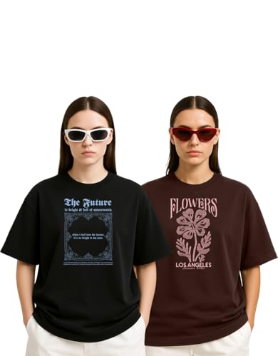 Image of Women's Oversized Cotton Blend Graphic T-Shirt Combo (Pack of 2) | Baggy Fit, Drop Shoulder, Half Sleeves | Sizes S to 2XL