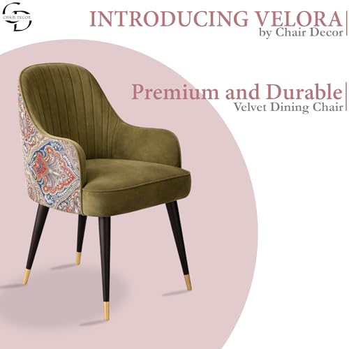 Image of Velvet Accent Chair | Modern Upholstered Dining Chair for Living Room, Office, Lounge & Vanity | Sturdy & Stylish Armchair (Floral, Olive Brown)