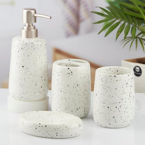Image of Kookee Ceramic Bathroom Accessories Set 4 Piece - Soap Dispenser, Toothbrush Holder, Tumbler & Soap Dish | Modern Countertop Decor for Home & Guest Bathroom, White (10383)