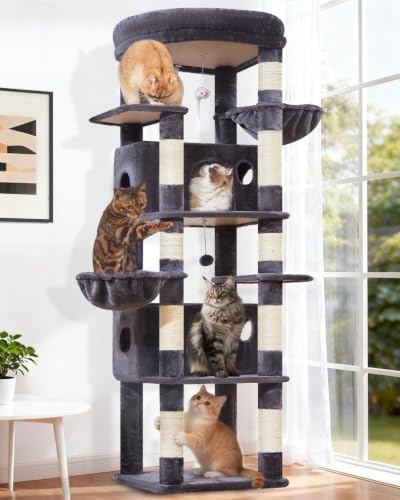 Image of Taoqimiao Heavy Duty Cat Tree, 73In Sturdy Cat Tower for Large Cats 25lbs+ | 2 Widen Condos, Enlarged Sleeping Platform, 9 Scratching Posts, 2 Cozy Baskets, Cat Toys, Smoky Gray, F30G