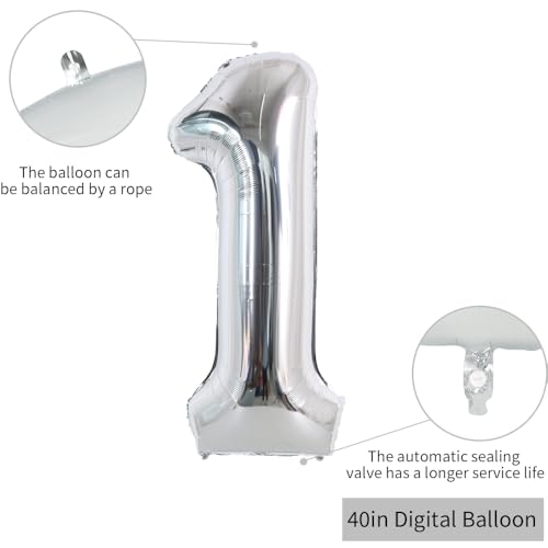 Image of TONIFUL 40 Inch Silver Number 1 Balloon Large Foil 1st Birthday Decorations | Silver 1 Balloon Number One for 1st 10th 21st Birthday 1 Year Anniversary, Silver Birthday Decor for Men Women Boys Girls