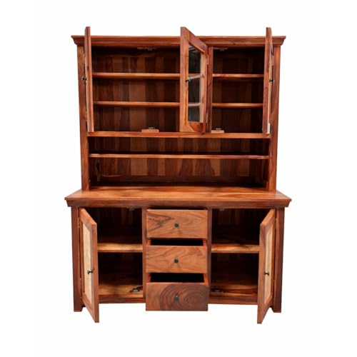 Image of ANGEL FURNITURE Sheesham Wood Kitchen Cabinet, 72 inch Height, Glass Doors, 3 Drawers, Mandala Design, Natural Brown (Honey Finish)