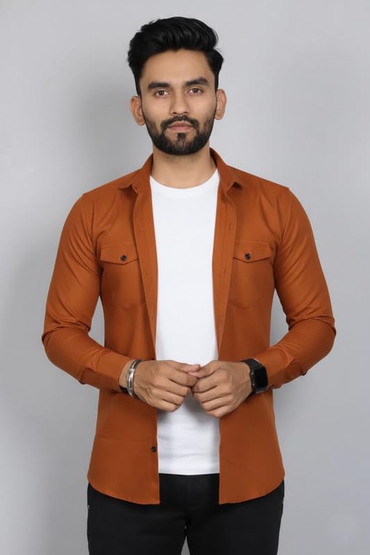 Image of DEELMO Men Solid Slim Fit Casual Overshirt Style Shirt | Full Sleeve Button-Down Layering Shirt Smart Casual Look