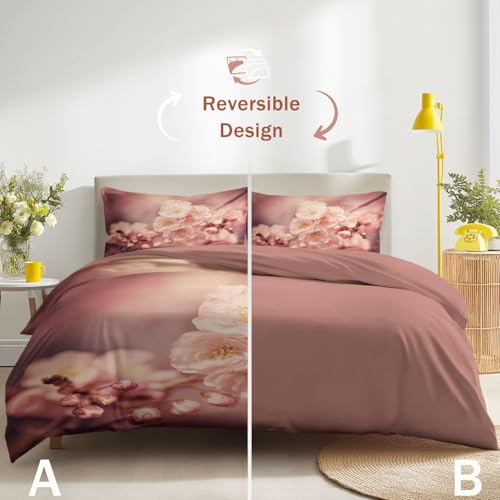 Housse de Couette Microfibre Douce 160x200 Parure Fleurs Roses