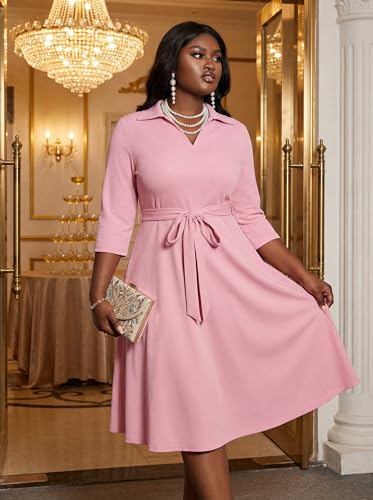 Image of FANDEE Plus Size Midi Dress for Women - Printing Summer Dresses for Wedding Guest Cocktail Party 3 /4 Sleeve V Neck（L-5XL）