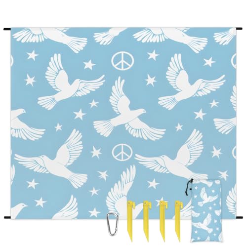 Eabrults Waterproof Sandproof Beach Blanket, 59''×68'' Peace Dove Polyester Outdoor Picnic Blanket with 4 Stakes & Storage Bag for Beach,Camping,Vacation Lake Blue