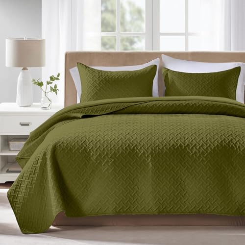 FLYMME Quilts King Size,Lightweight Olive Green Bedspreads,Basket Weave Pattern,Ultra Soft