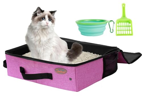Image of Deblue Portable Cat Travel Litter Box with Lid, Collapsible Waterproof Cat Litter Carrier Box Lightweight Litter Box for Large Traveling Cats, Leak-Proof, Sturdy - Pink L