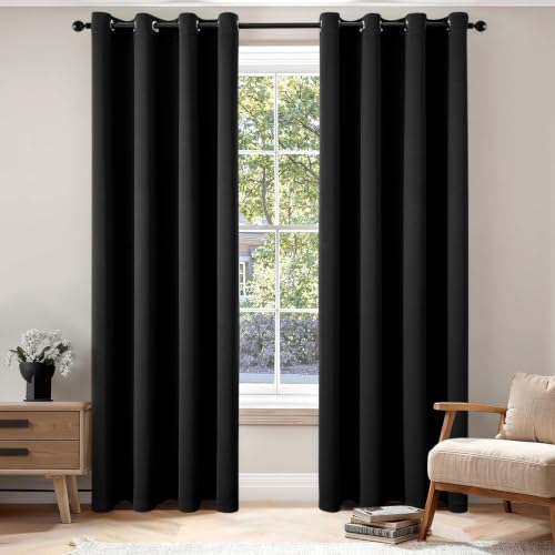 Image of MIULEE Black Blackout Bedroom Curtains Drapes 84 Inch Long 52 inchx84 inch | Grommet Top, Room Darkening Window Drapes, Privacy Protection, Thermal Insulated, Heat Blocking, Light Blocking