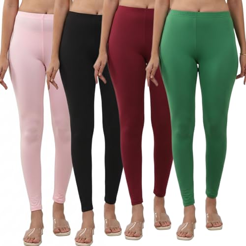 Image of Volex Women and Girls Full Length Leggings | Cotton Spandex /Elastane 4 Way Stretchable | Casual Slim fit Ultra Soft Leggings-Pack of 4