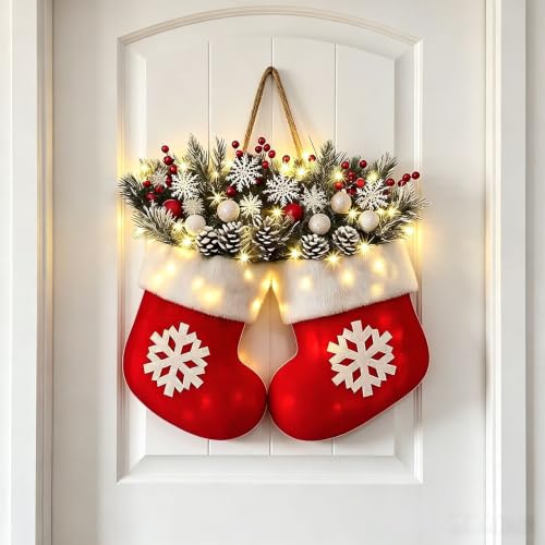 Image of Christmas Wreaths for Front Door, Light Up Christmas Wreath with Lights,Stocking Red Berry Pine Cone Artificial Garland for front Door, Fireplace, Window, Indoor Outdoor Holiday Decor(Red Stocking)