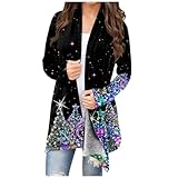 Ugly Christmas Sweater Women Funny Xmas Print Long Sleeve Open Front Cardigan Coat Casual Oversized Lightweight Draped Christmas Cardigan Jacket Holiday Party Tops with Pockets(L-Black,XX-Large)