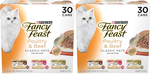 Image of Fancy Feast Poultry and Beef Feast Classic Pate Collection Grain Free Wet Cat Food Variety Pack - 3 oz. Cans,(Pack of 60)