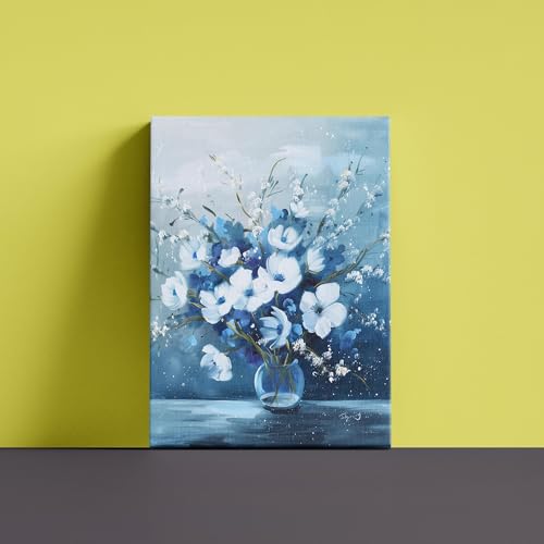Impression sur toile fleurs bleues indigo 45x68 cm avec cadre intérieur pour salon