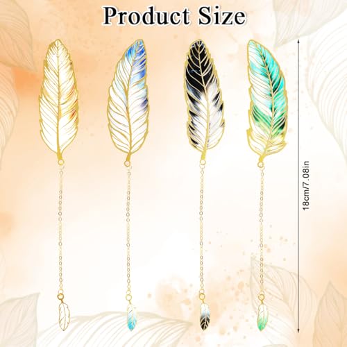 Image of 4Pcs Vintage Metal Feather Bookmarks with Gradient Color Pendant, Retro Book Page Markers for Reading Lovers, Unique Gift for Students & Readers