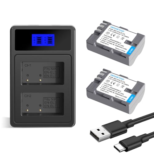 GKUGEYGO EN-EL3E Battery and Charger 2-Pack Replacement Battery Compatible with Nikon D50 D70 D70s D80 D90 D100 D200 D300 D300S D700 Digital SLR Cameras