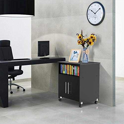 Yaheetech Mobile Printer Stand With Storage And Adjustable Shelf For Home Office Rolling Printer Stand For Desk, Wood Storage Cabinet Work Cart Cupboard Shelf On Wheels, Black #TOP3
