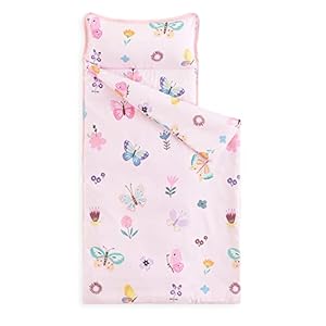 Wake In Cloud – Nap Mat with Removable Pillow for Kids Toddler Boys Girls Daycare Preschool Kindergarten Sleeping Bag, Butterfly and Flowers Printed on Pink,100% Soft Microfiber