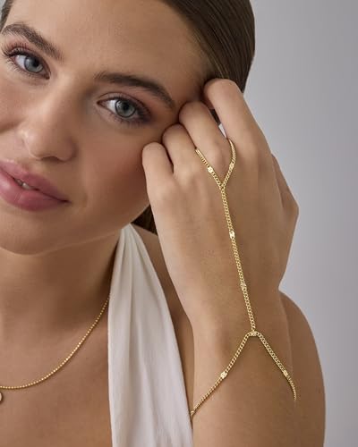 Image of PAVOI 14K Gold Plated Hand Chains for Women - Adjustable Hand Chain Bracelet and Ring - Trendy Gold Handchain Bracelet Stack Summer Jewelry - Beads, Pearl, and Cubic Zirconia Body Jewelry