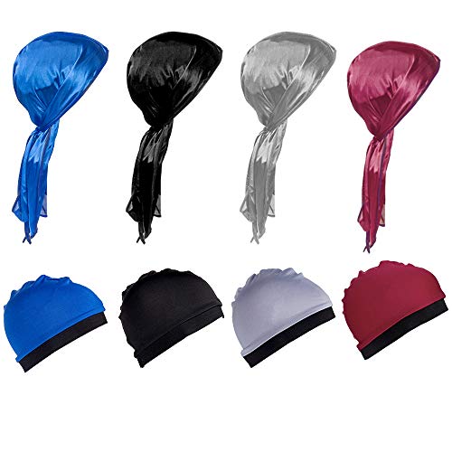 4Pcs Silky Durag Caps Silky Long Tail Headwraps Wide Strap Satin Durag For Men Waves With 4Pcs Elastic Wave Cap