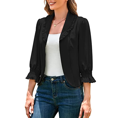 Chama Women's Ruffles 3/4 Sleeve Blazer Open Front Cardigan Jacket Work Office Business Casual Crop Suit Blazer Black #TOP1
