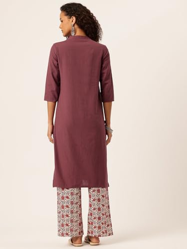 Image of feranoid Women's Plain Cotton Kurta with Mandarin Collar, 3 /4 Sleeves & Pocket