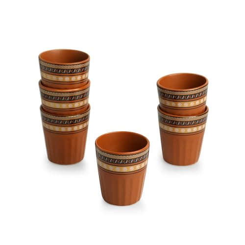 Image of ExclusiveLane 'Terra Tones' Ceramic Kullad Cups Set of 6 (120 ml, Earthern Brown, Microwave Safe, Handcrafted) | Kulhad Cups Kulhad Tea Cups Set of 6 Chai Kullad for Tea Cup Chai Cup