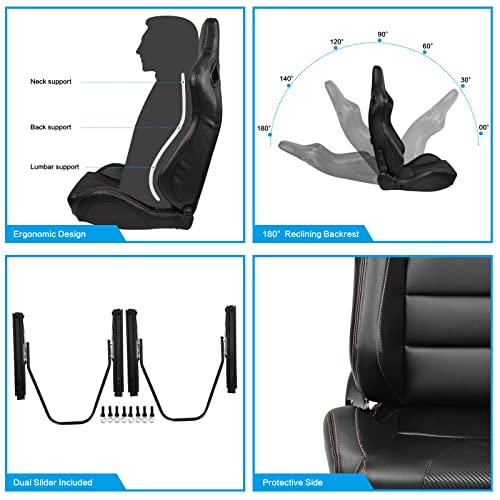 Freemotor802 Universal Racing Seats Pair, Black Pu & Carbon Leather Seat + Black Nylon Harness (4 Point Buckle Release) #TOP3