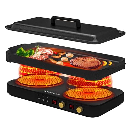 COOKTRON Placa de inducción doble con sartén extraíble de hierro fundido, placa de inducción portátil, 2 placas con sensor táctil 9 niveles de potencia, temporizador de 99 minutos, apto para