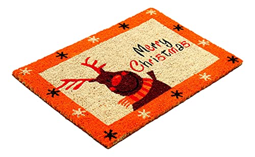 Image of Onlymat Christmas Coir Doormat With Non-Slip PVC Backing for Gateway, Entryway, Outdoor, Indoor, Patio- Durable and Large, Weatherproof Multicolour, Merry Christmas and Reindeer Printed Rug (60cm x 1.5cm x 40 cm)