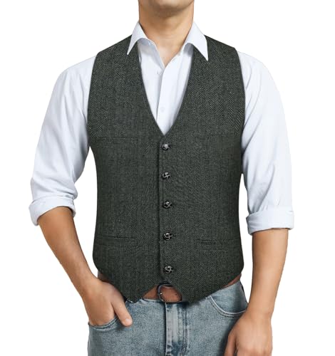 HISDERN Chaleco Traje Hombre Elegante Chaleco de Tweed Lana Chaleco en Herringbone Gris Oscuro para Boda M