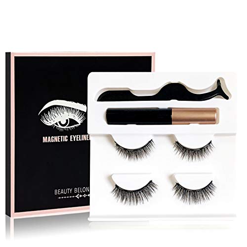 Magnetic Eyelashes with Eyeliner Kit, 2 Pairs Upgraded False Eye Lashes Pack, Reusable Fake Eyelashes with Tweezers, Ideal Gift or Self Use