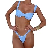 Edhomenn Womens Triangle Bikini Sets V Neck Wide Strap Ruched Push Up Top Cheeky Thong Bottom Sexy 2 Piece Beach Swimsuit Swimwear (01 Light Blue, S)