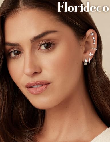 Florideco Hypoallergenic Flat Back Earrings for Women Trendy Surgical Steel Earrings for Sensitive Ears 14K Gold Plated Cartilage Earring Stacks Stud Hoop Earring Set2