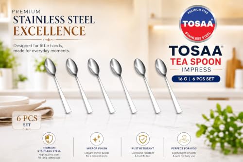 Image of Tosaa Tea Spoon Impress 16G-6-Piece Stainless Steel Spoon Set, Set of 6 for Everyday Use,Rust-Resistant & Dishwasher Safe