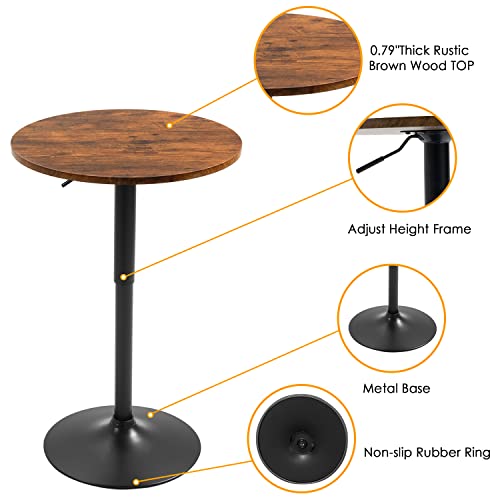 Maslier Round Bar Table, Adjustable Height, 360 Degree Swivel, With Black Metal Pole Support And Black Base, Suitable For Home, Kitchen, Bar Counter, Brown Table Top, 1Pc #TOP4