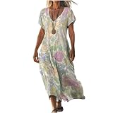Vestido Largo Mujer de Verano Casual, Vestidos Maxi de Algodón y Lino Manga Corta Cuello en V, Vestidos Boho Chic Elegante Largos Transpirable Tallas Grandes para Playa Vacaciones 2026 (15,5XL)