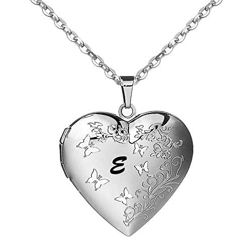 AMATOLOVE E Necklace Initial | Engraved Butterfly Necklace for Girls | Locket Necklace That Holds Pictures