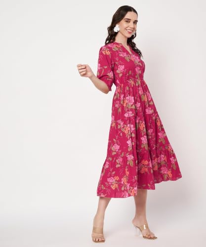 Image of PIDAVLIYA'S Women's Cotton Floral Printed Midi Dress | V-Neck Fit & Flare Dress with Puff Sleeves | Casual Summer Wear