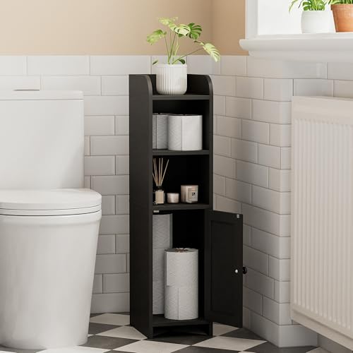 Image of Homhedy Small Bathroom Storage Corner Floor Cabinet with Door and Shelves, Beside The Toilet Paper Stand for Skinny, Narrow Toilet Paper Cabinet, 9.8" D x 7.9" W x 31" H, Black