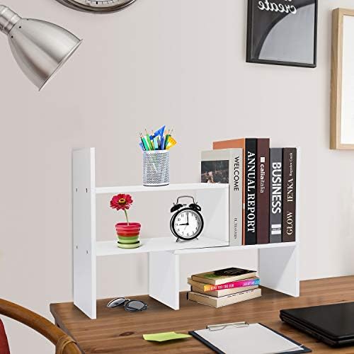 Hossejoy Adjustable MDF Desktop Bookshelf Desk Storage Organizer Display Shelf Rack, Counter Top Bookcase,White